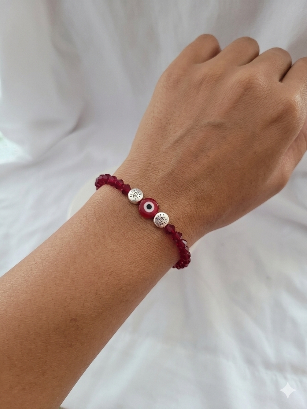 Handmade 7 Inch Red Beaded Evil Eye Stretch Bracelet with Silver Accent